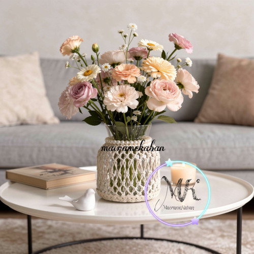 گلدان شیشه ای مکرومه مدل یقه مرواریدی