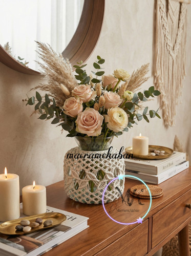 گلدان شیشه ای مکرومه مدل ماریو طرح رویش