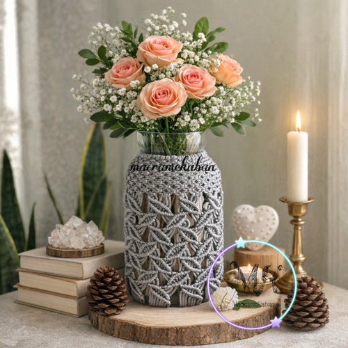 گلدان شیشه ای مکرومه مدل نسترن طرح رویش