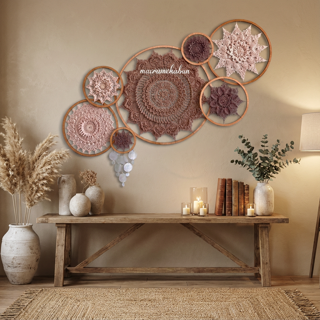 ست دیوارکوب قلاب بافی ماندالا قطر ۵۵/ ۳۵/ ۳۲/ ۳۰/ ۲۵/ ۲۰/ ۱۵