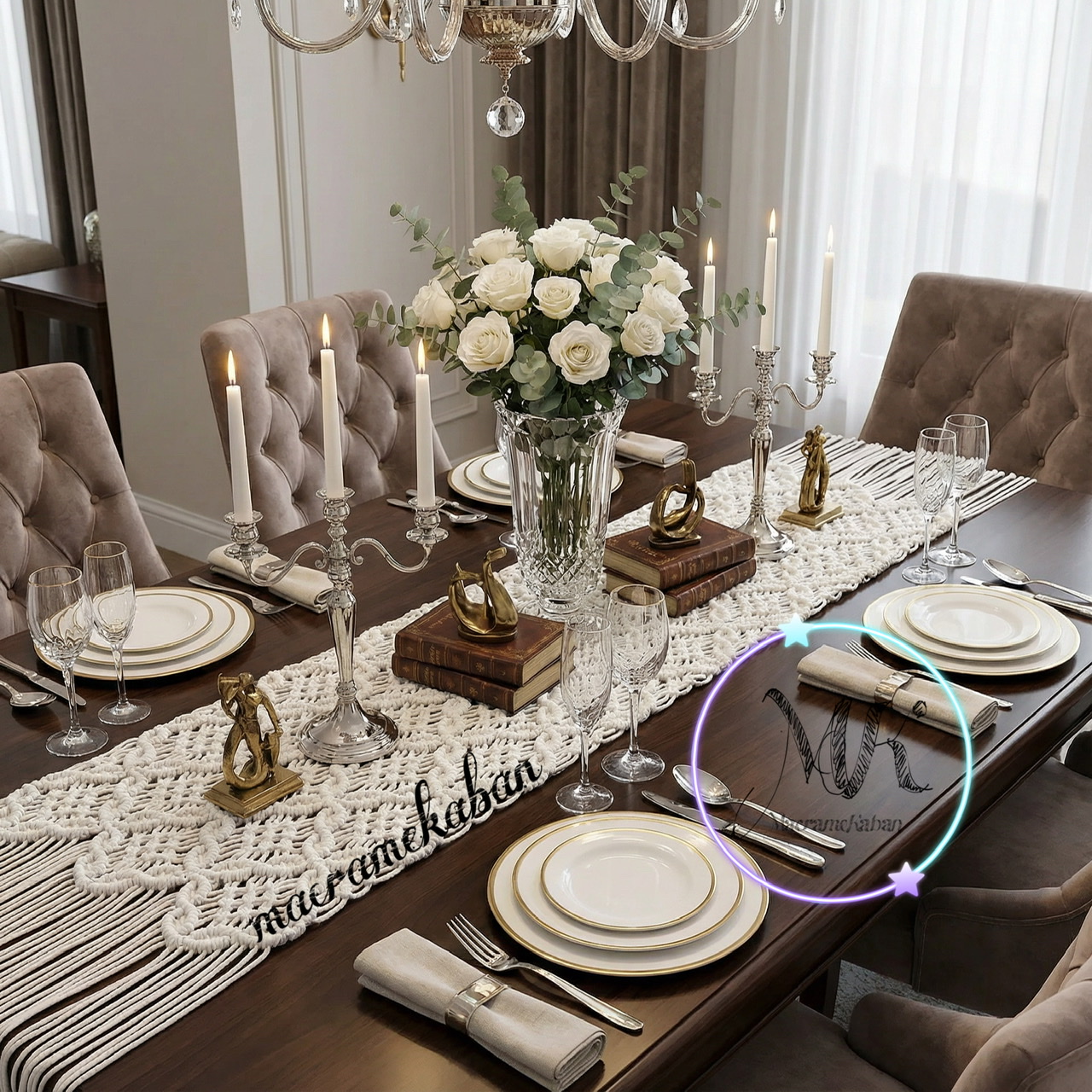 رانر مکرومه بافی طرح گلبرگ با احتساب ۲۰ سانت ریشه